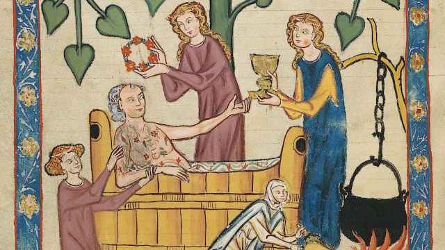 Ilustración de un noble medieval bañándose y siendo atendido por sus sirvientes. (Codex Manesse, siglo XIV, Zúrich, Suiza)
