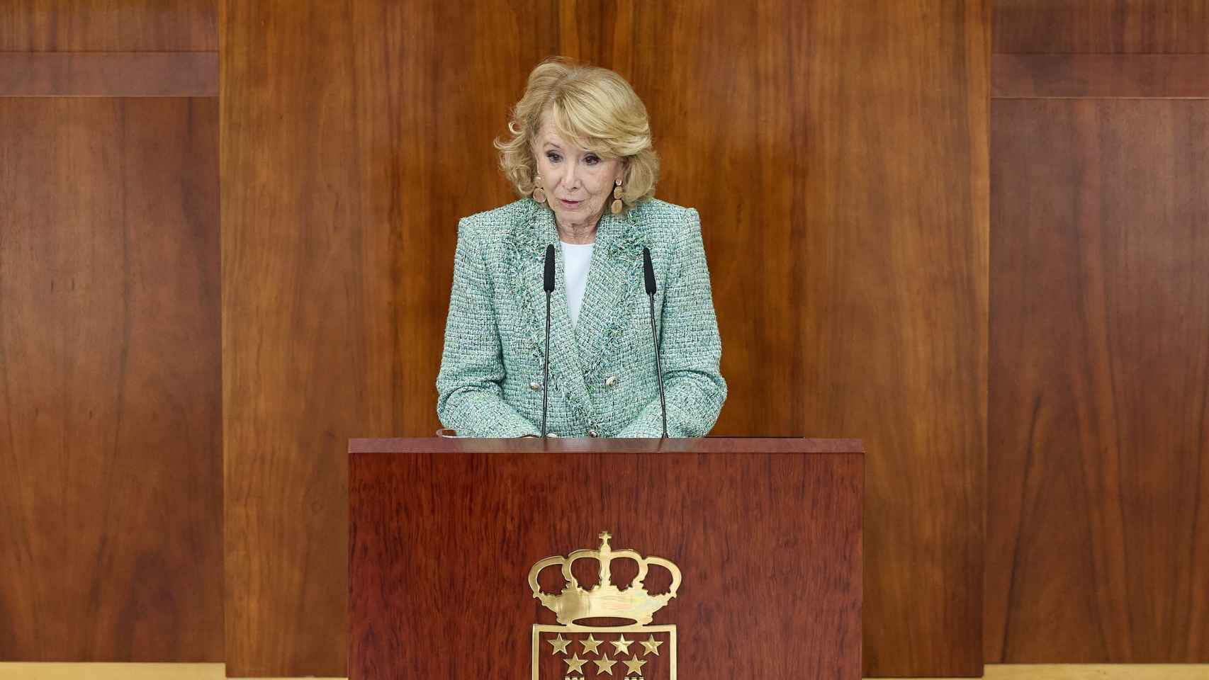 Esperanza Aguirre, expresidenta de la Comunidad de Madrid, interviene en la Asamblea de Madrid con motivo del 40 aniversario de la institución, el pasado 1 de diciembre.