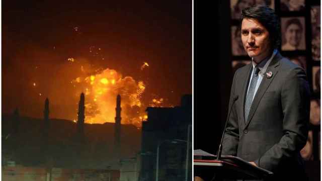 Explosión tras el ataque de EEUU y Reino Unido, anoche (i); el primer ministro de Canadá, Justin Trudeau (d).