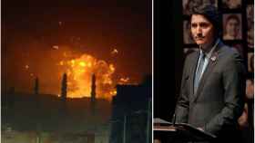 Explosión tras el ataque de EEUU y Reino Unido, anoche (i); el primer ministro de Canadá, Justin Trudeau (d).