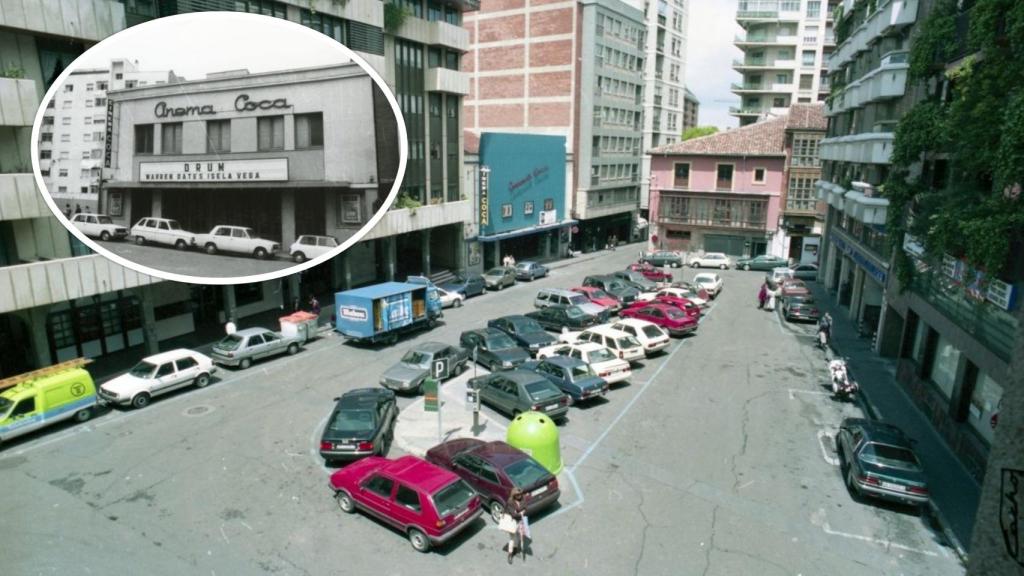 La Plaza Martí y Monsó en la década de los 80, antes de su reforma, con el Cinema Coca, de fachada azul, al fondo y, en un círculo, en sus inicios