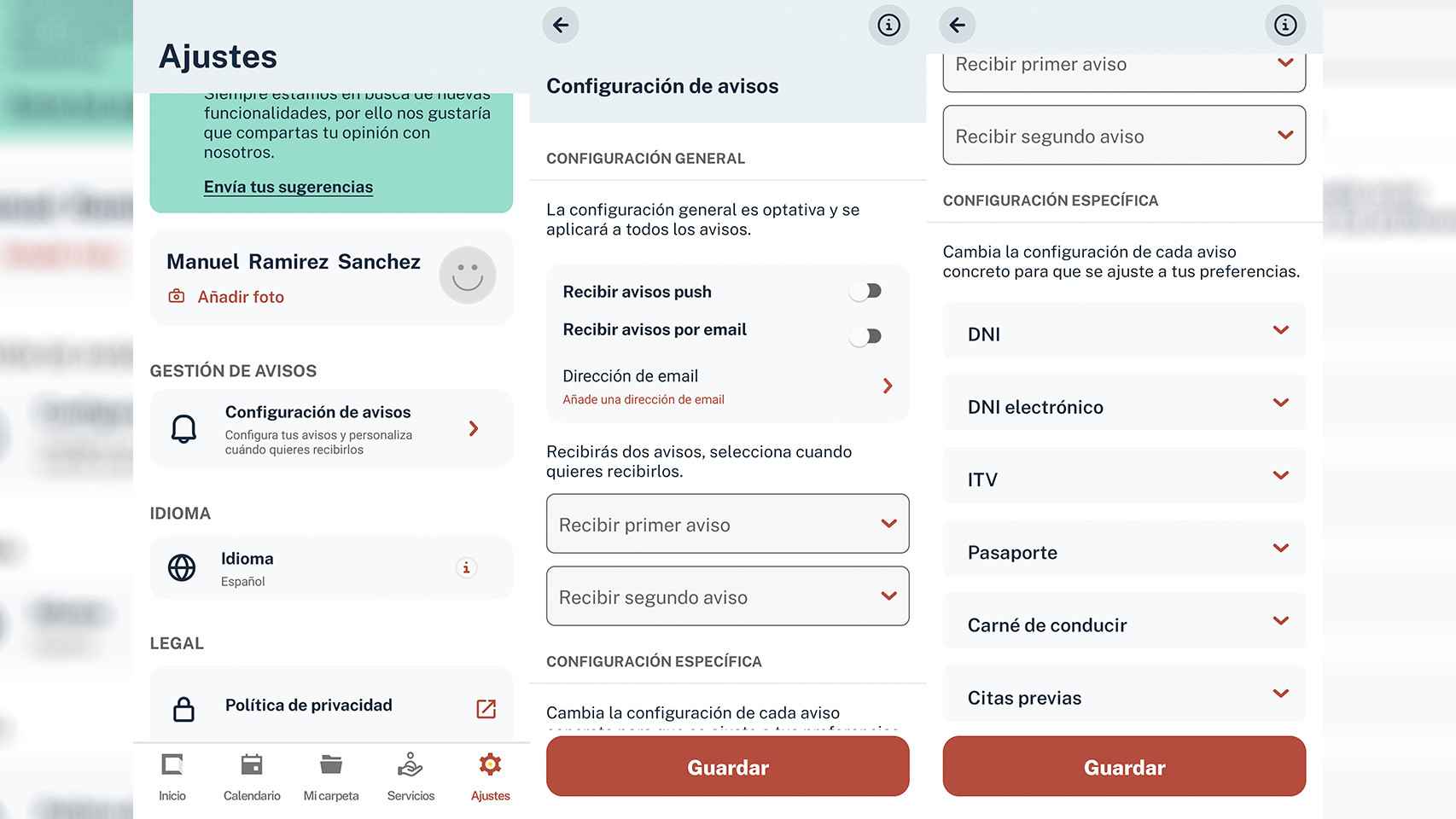 Imagen de la configuración de alertas de la app Mi Carpeta Ciudadana