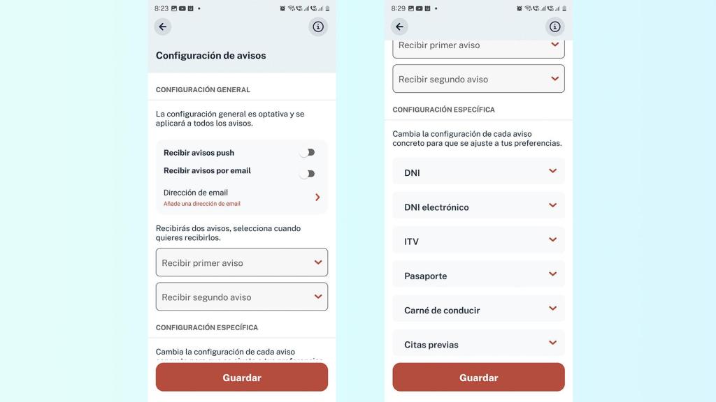 Imagen de la configuración de las alertas