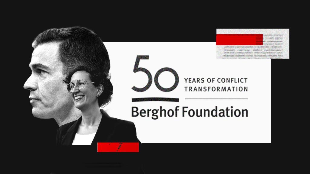 Pedro Sánchez, Marta Rovira y el logotipo de Berghof Foundation en un fotomontaje
