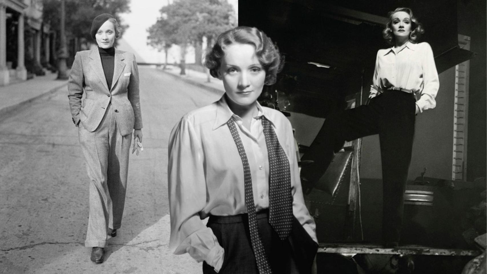 Marlène Dietrich en 1932 con trajes masculinos.