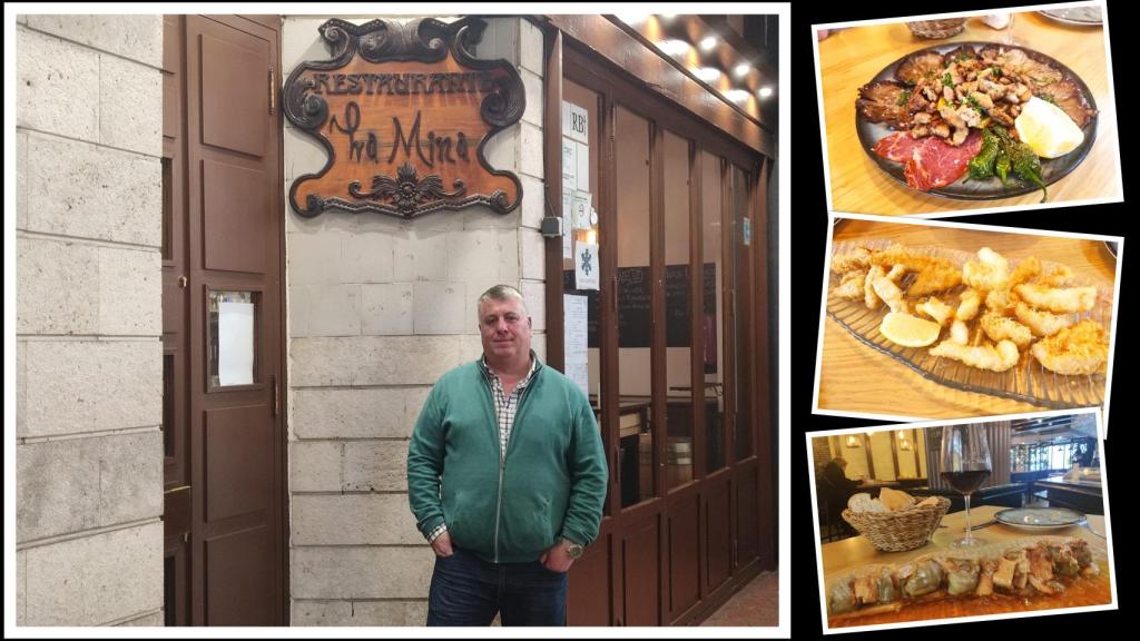 Eduardo Lorenzo posa a las puertas de La Mina, con el mítico escudo tallado