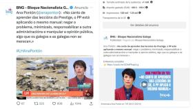 Anuncios del BNG en X (antes Twitter) y Facebook criticando a la Xunta de Galicia por los pellets