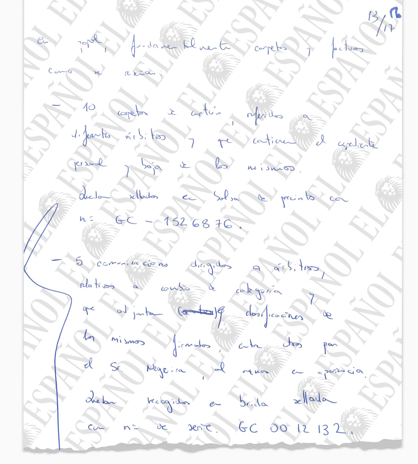 Una de las páginas manuscritas por la Guardia Civil durante el registro en la sede del CTA