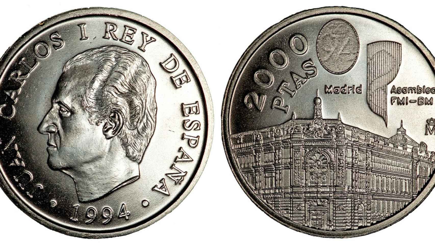 La primera de las monedas de 2.000 pesetas de plata, acuñada en 1994.