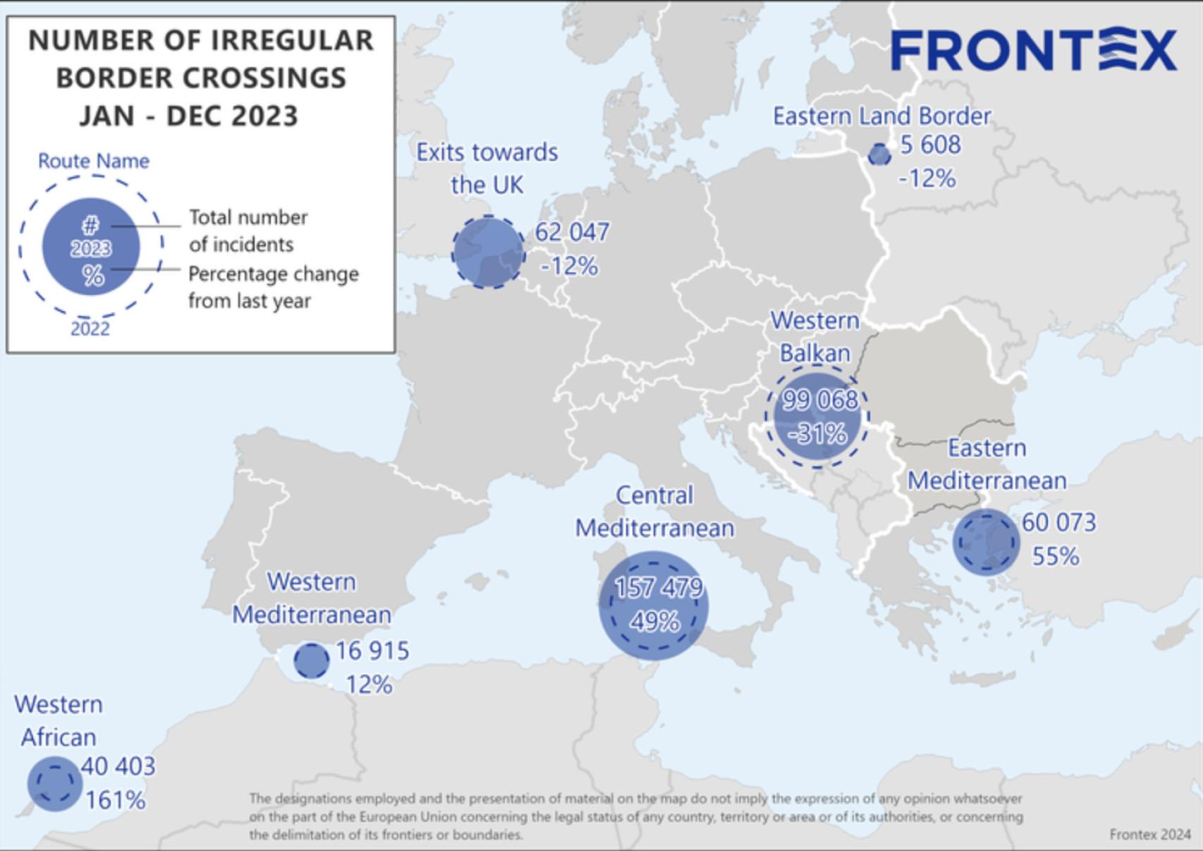 Número de entradas irregulares en la UE por ruta entre enero y diciembre de 2023