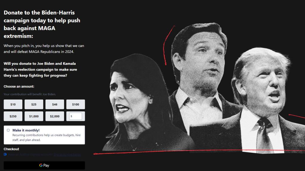 Página de donaciones para la campaña presidencial de Joe Biden, en la que aparecen Haley, DeSantis y Trump.