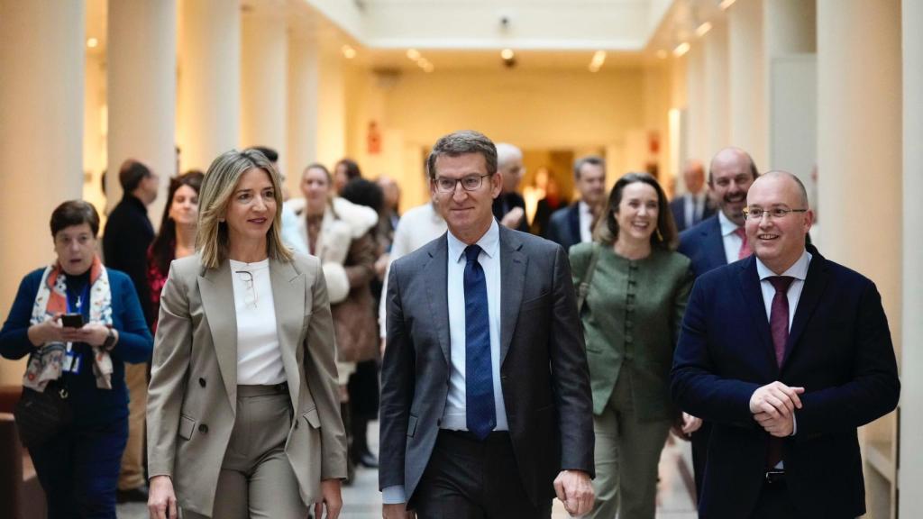 Feijóo, este martes en el Senado, acompañado por sus portavoces parlamentarios y Cuca Gamarra.