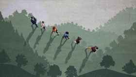 Un grupo de adultos jóvenes fotografiados caminando por una superficie ilustrada con el dibujo de un bosque. Getty Images