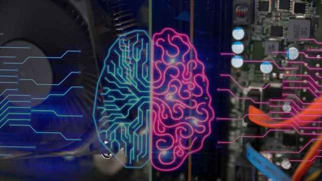 Componentes de un ordenador representando la imagen de un cerebro.