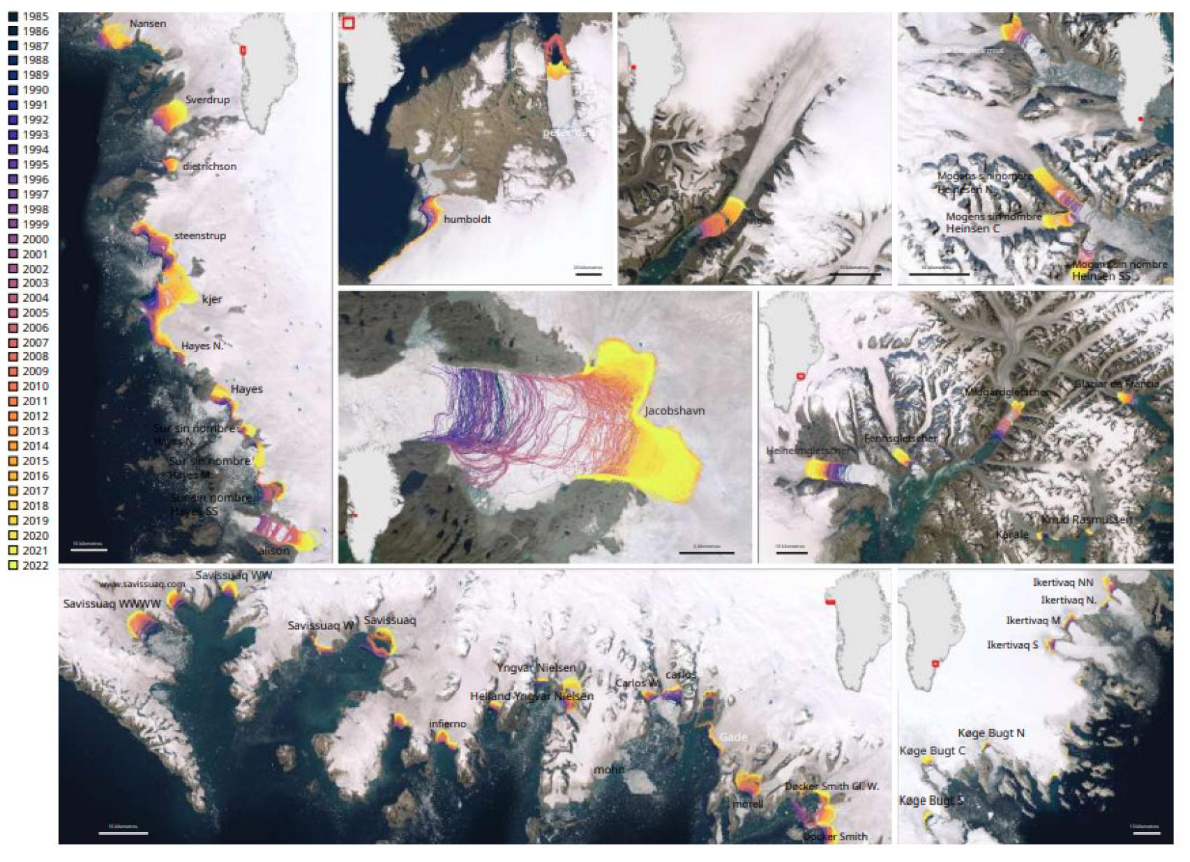 Observaciones del extremo del glaciar de Groenlandia desde 1985, obtenidas manualmente y con inteligencia artificial.