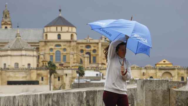 Una persona sostiene su paraguas contra el viento en Córdoba.