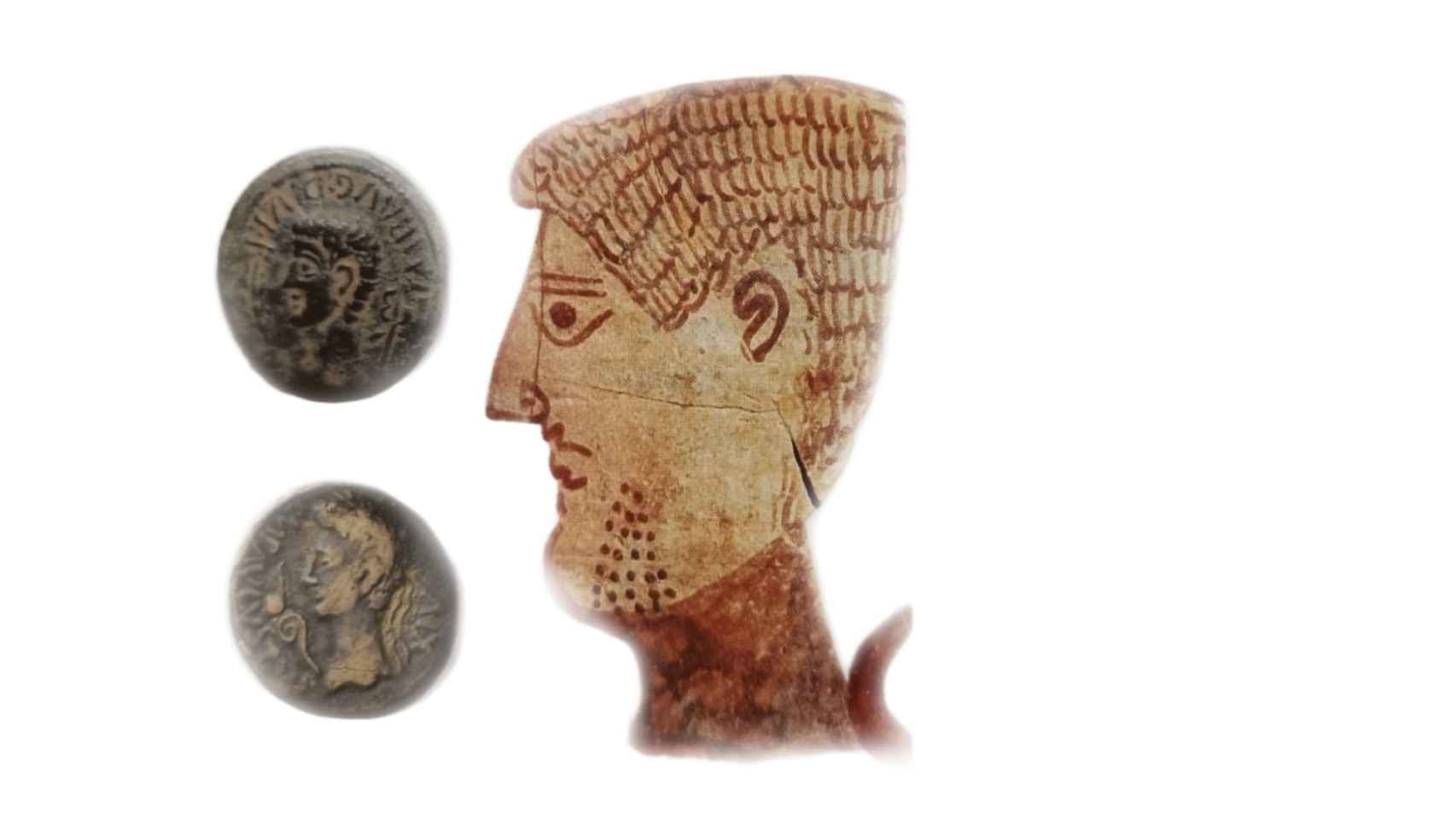 Pintura de Augusto del vaso junto a dos monedas.