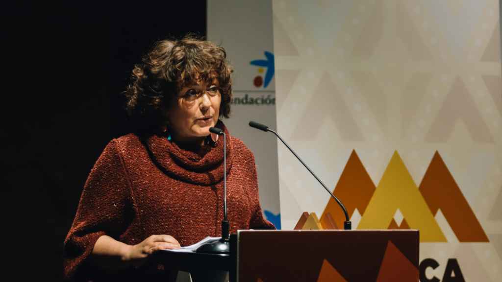 Sonia Moreno, en su discurso de recogida del premio AM, este miércoles en el CaixaForum, en Madrid.