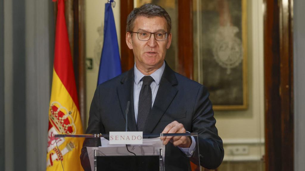 Alberto Núñez Feijóo, este jueves, en una declaración ante la prensa en el Senado.
