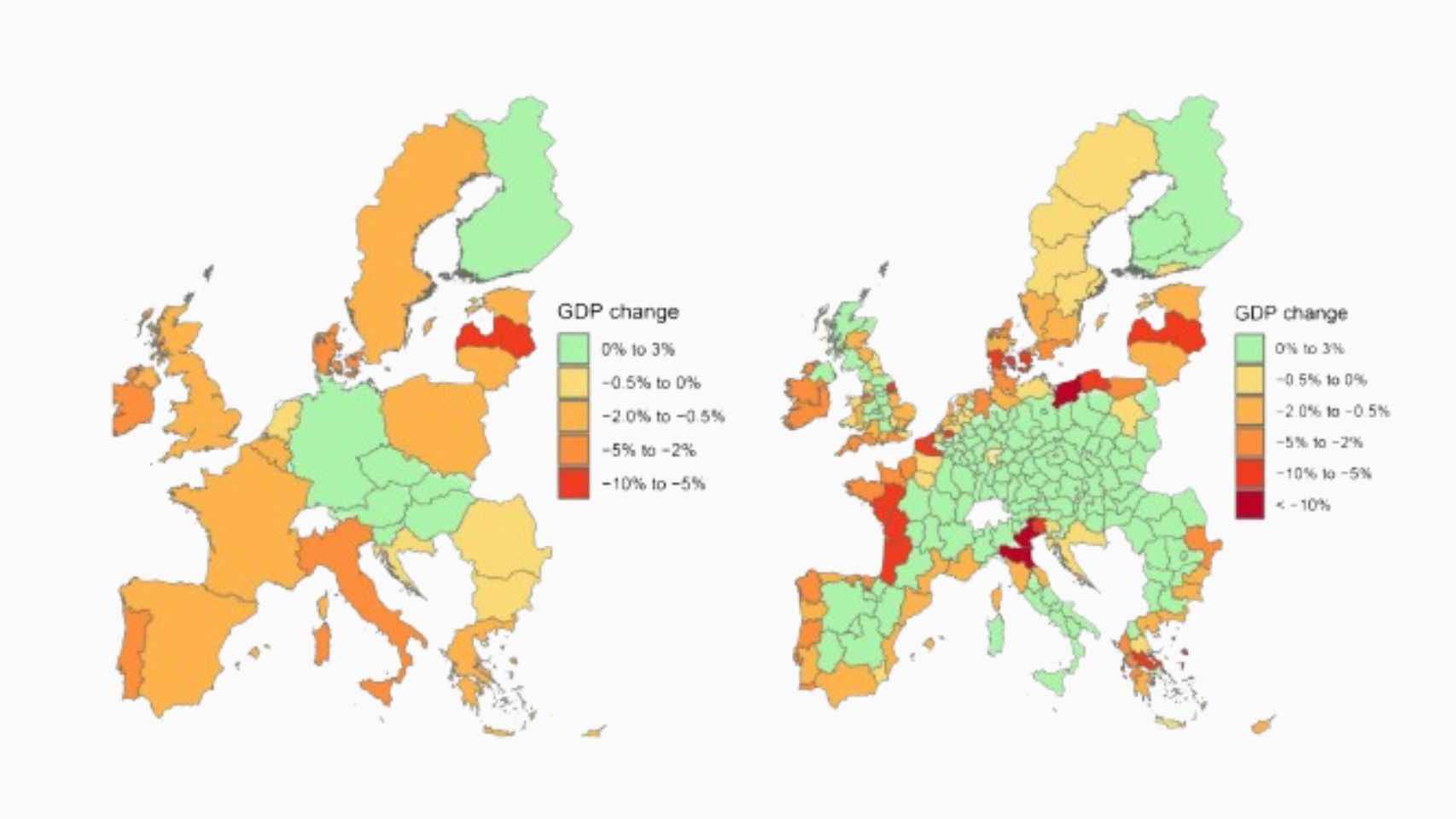 La gráfica representa las estimaciones de aumento o reducción del PIB en un escenario de impacto climático de alto nivel en 2100. Los países coloreados en verde aumentan su PIB hasta un 0,41% (Luxemburgo) en relación con el valor de referencia, mientras que los de color amarillo, naranja y rojo pierden hasta un 7,69% (Letonia).