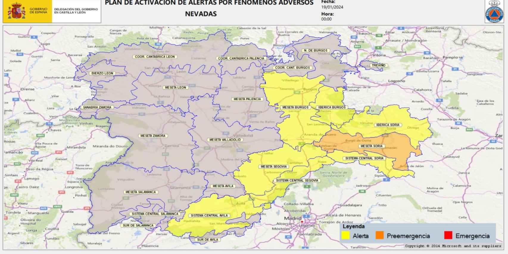 Mapa del plan de activación de alertas por nevadas en Castilla y León