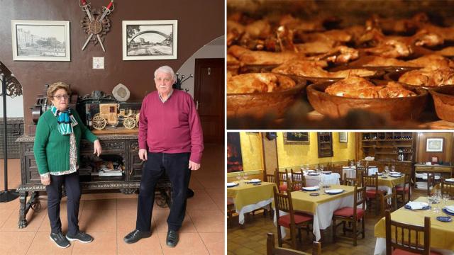 Pedro y Paula, los fundadores del Mesón Casa Pedro, junto al lechazo y una imagen del restaurante