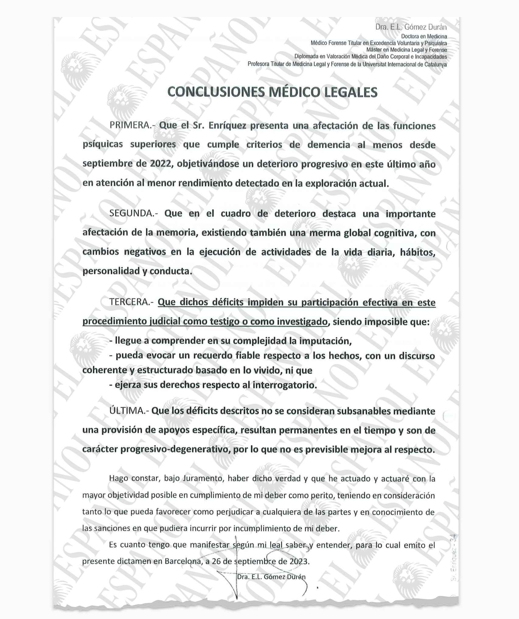 Conclusiones médico - legales de la perito sobre José María Enríquez Negreira