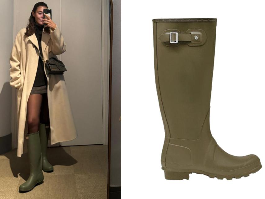 Anna Ferrer en un montaje de EL ESPAÑOL junto a las botas de Hunter.