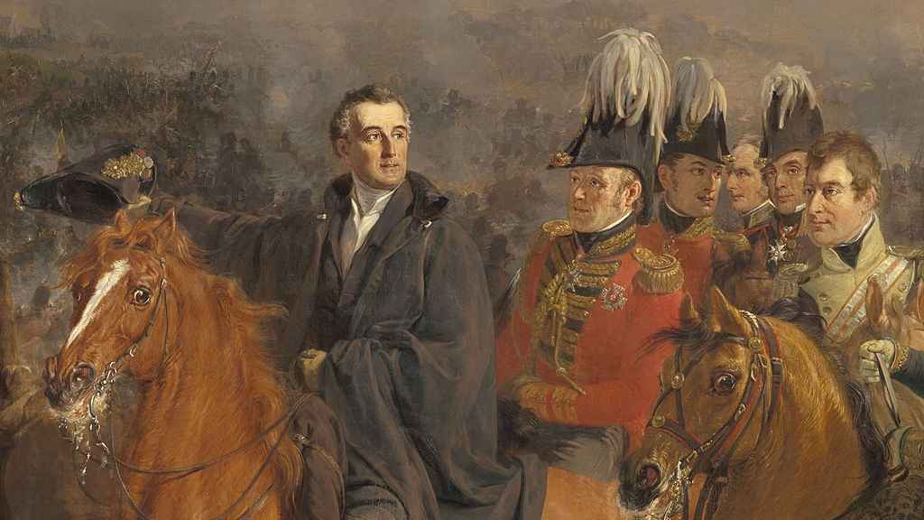 El duque de Wellington, acompañado por sus generales en Waterloo. Ricardo de Álava es el segundo por la derecha, con la cruz de Santiago.