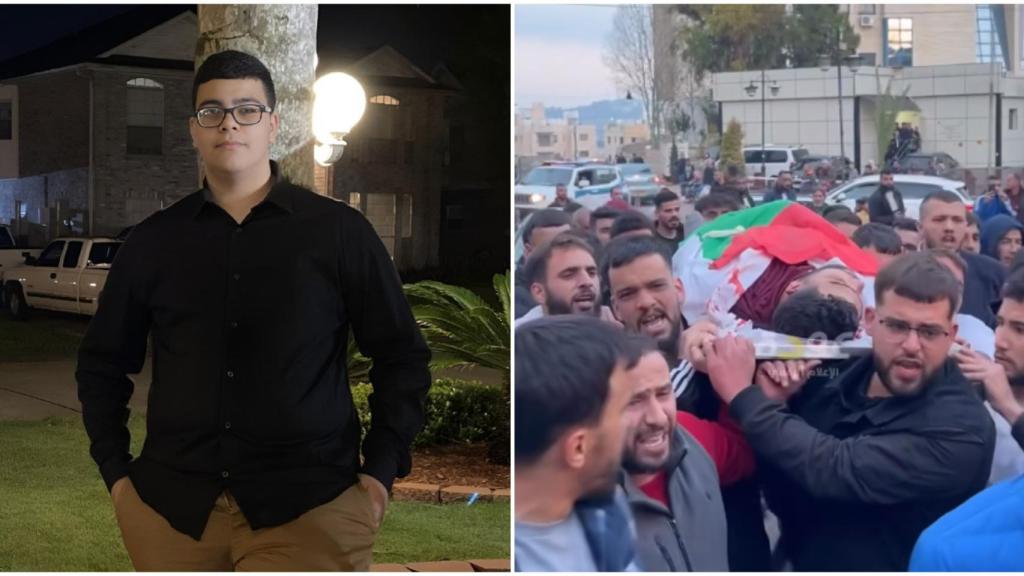 Tawfiq Hafez Ajjaq (izda.) y su procesión fúnebre, este viernes en el pueblo de Mazraa Oriental (dcha.).