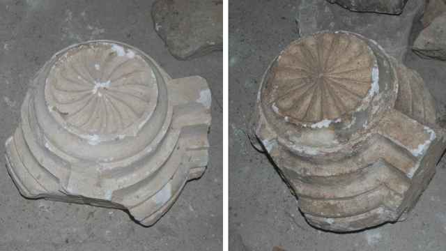 Las dos claves de bóvedas encontradas en la finca de Soria del presunto expoliador arquitectónico