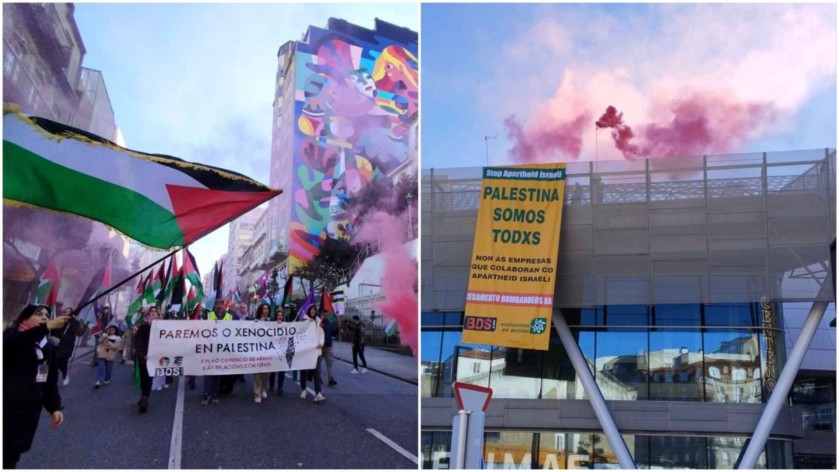 Imágenes de la manifestación por las calles de Vigo y de la pancarta desplegada en Vialia en apoyo al pueblo palestino.