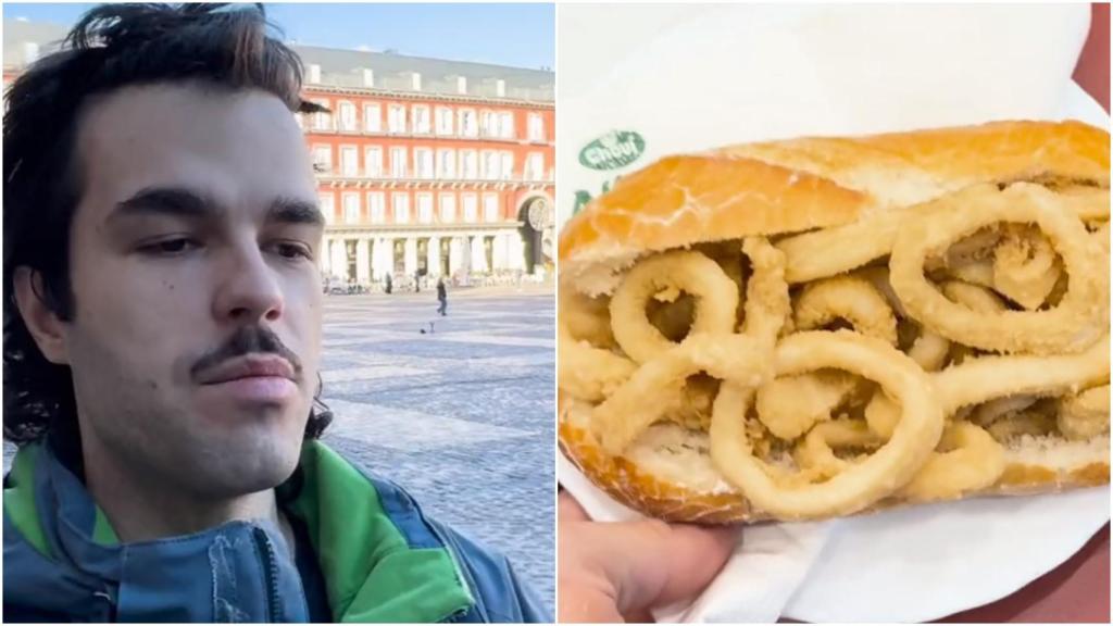 A la izquierda, Peldanyos. A la derecha, uno de los bocadillos de calamares que ha probado.