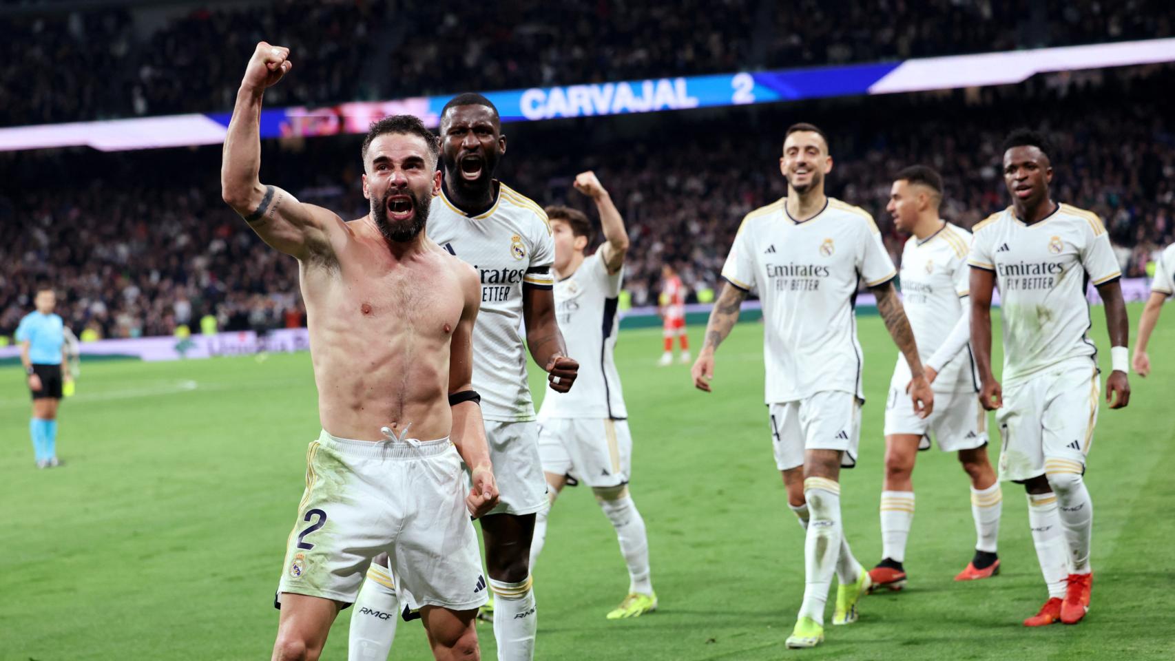 Carvajal celebra el gol del 3-2 en el minuto 99 contra el Almería