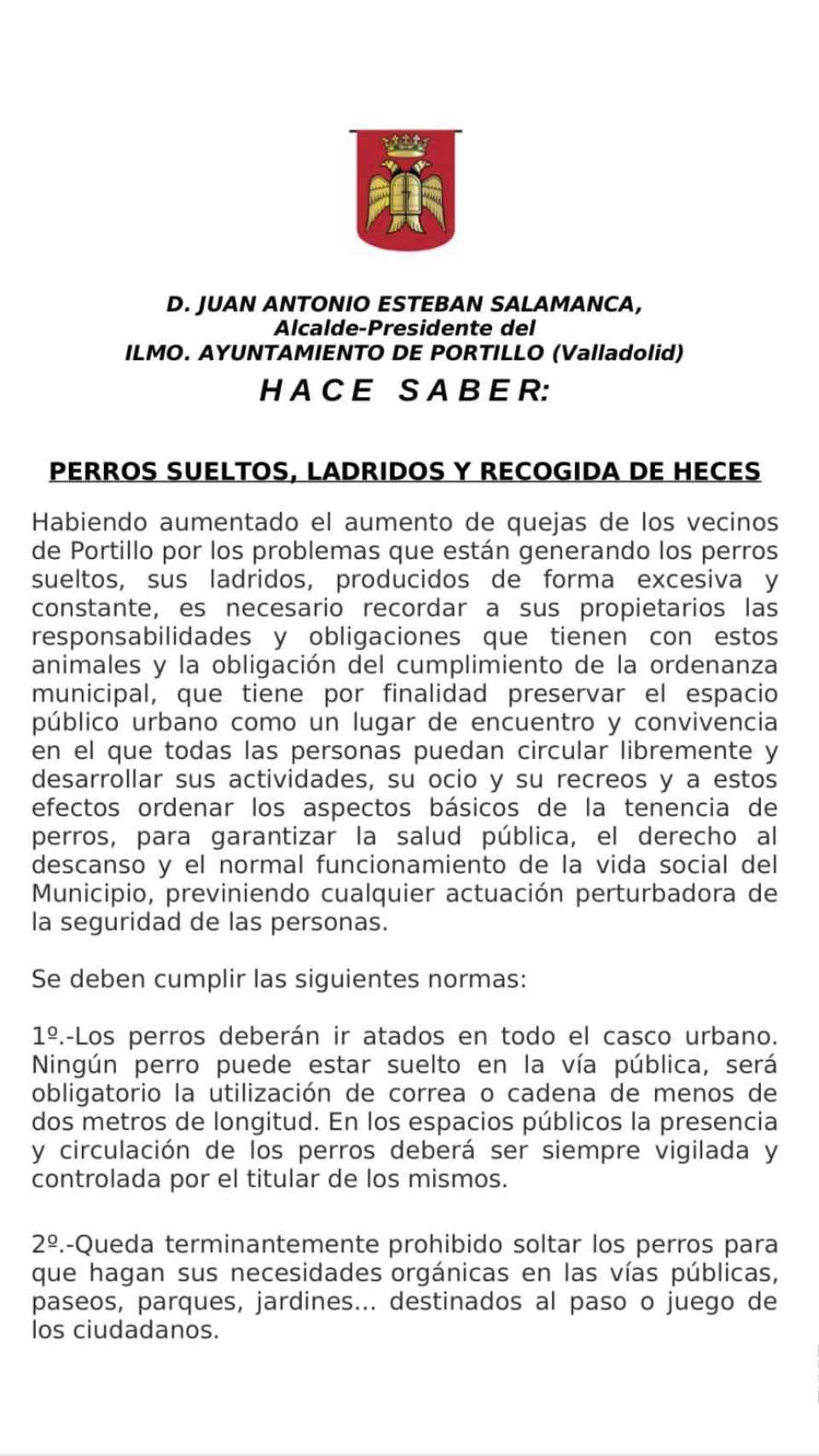 Bando municipal del Ayuntamiento de Portillo