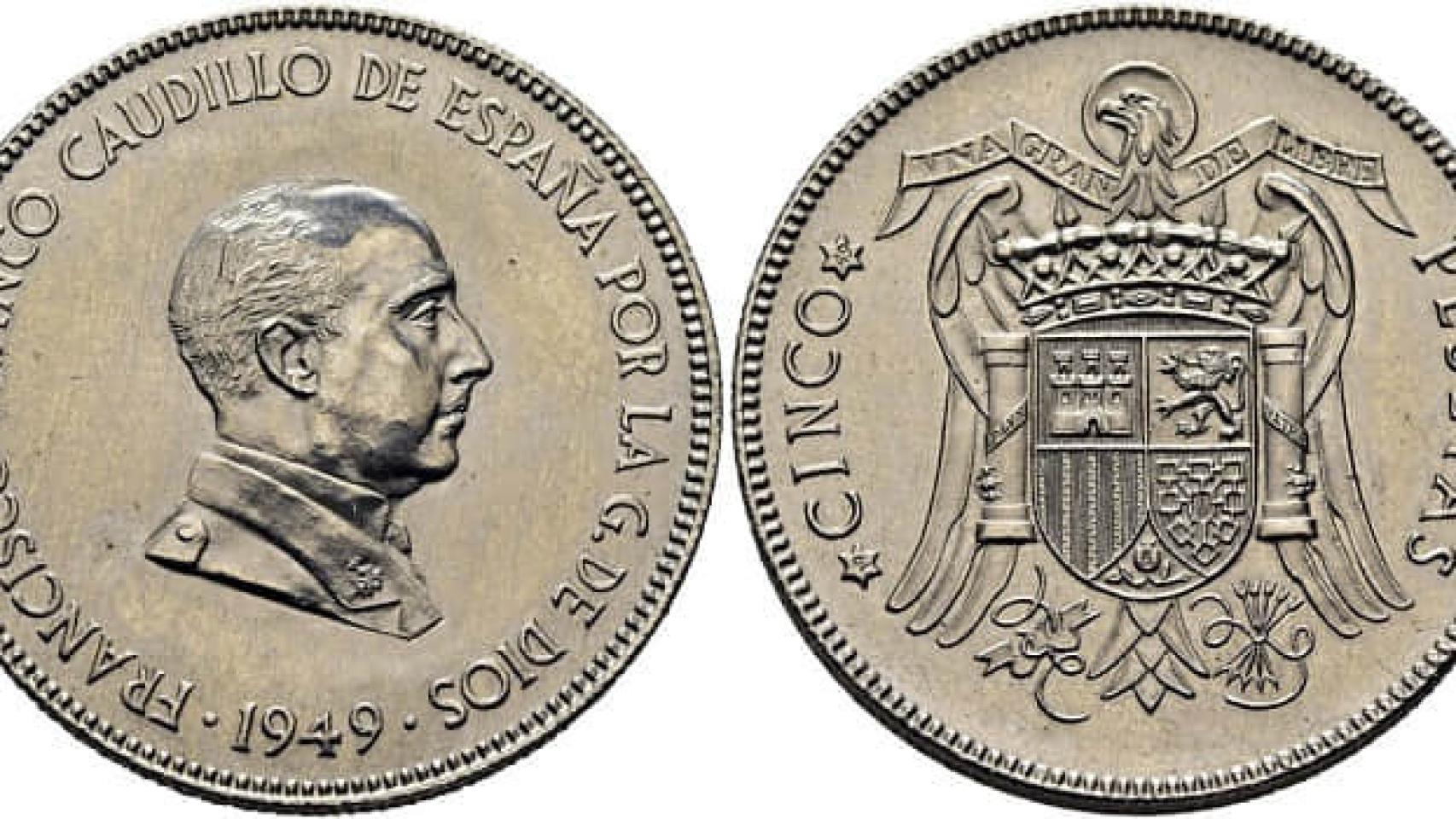 5 pesetas de 1949, con las estrellas 19-49, de plata.