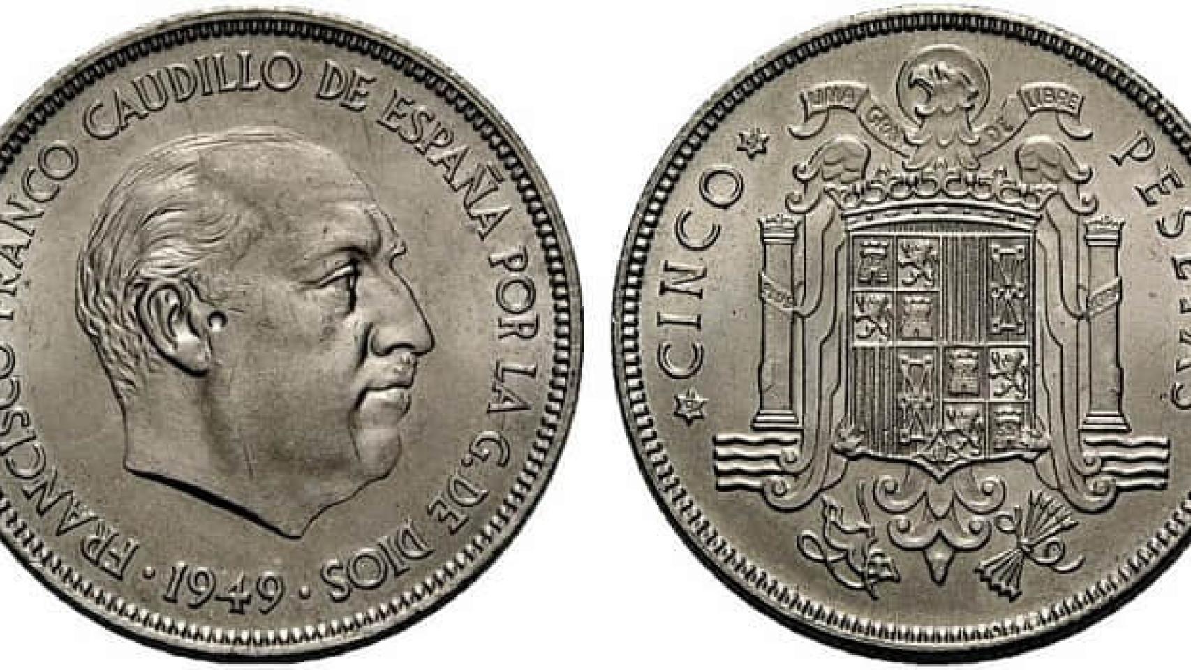 5 pesetas de 1949, con las estrellas 19-52, de níquel.