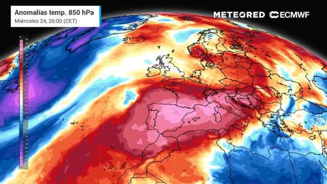 Mapa de anomalías de temperatura previstas para este miércoles en la Península Ibérica y Baleares.