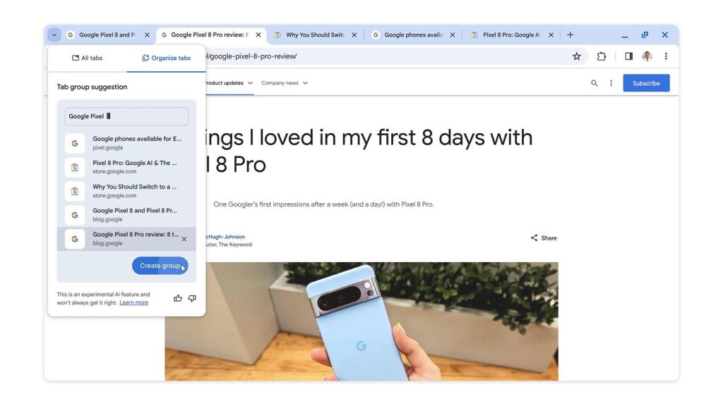 Imagen que muestra como ahora se agrupan pestañas en Chrome