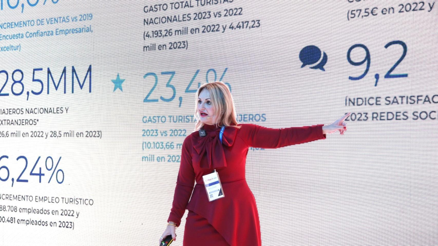 Nuria Montes en la presentación este miércoles de Fitur con los datos de satisfacción.