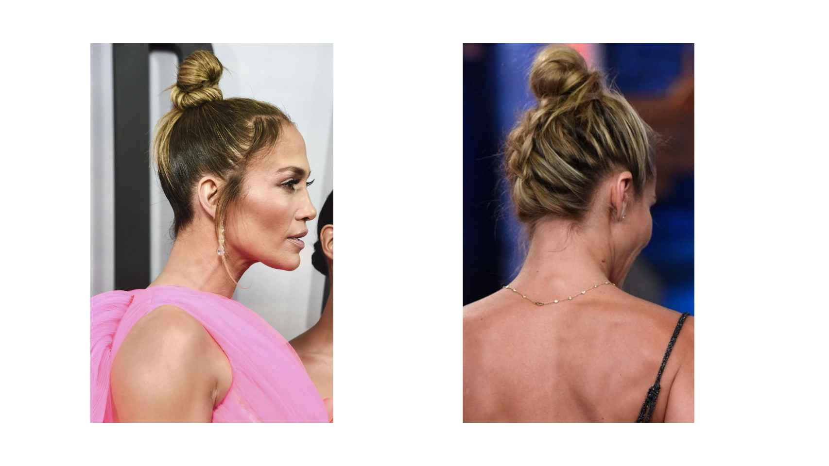 De izquierda a derecha: Jennifer Lopez con moño 'Slick' y Elsa Pataky con el trenzado 'Top Knot'