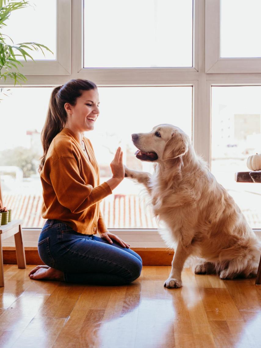 Mujer 'chocando los cinco' con su mascota.