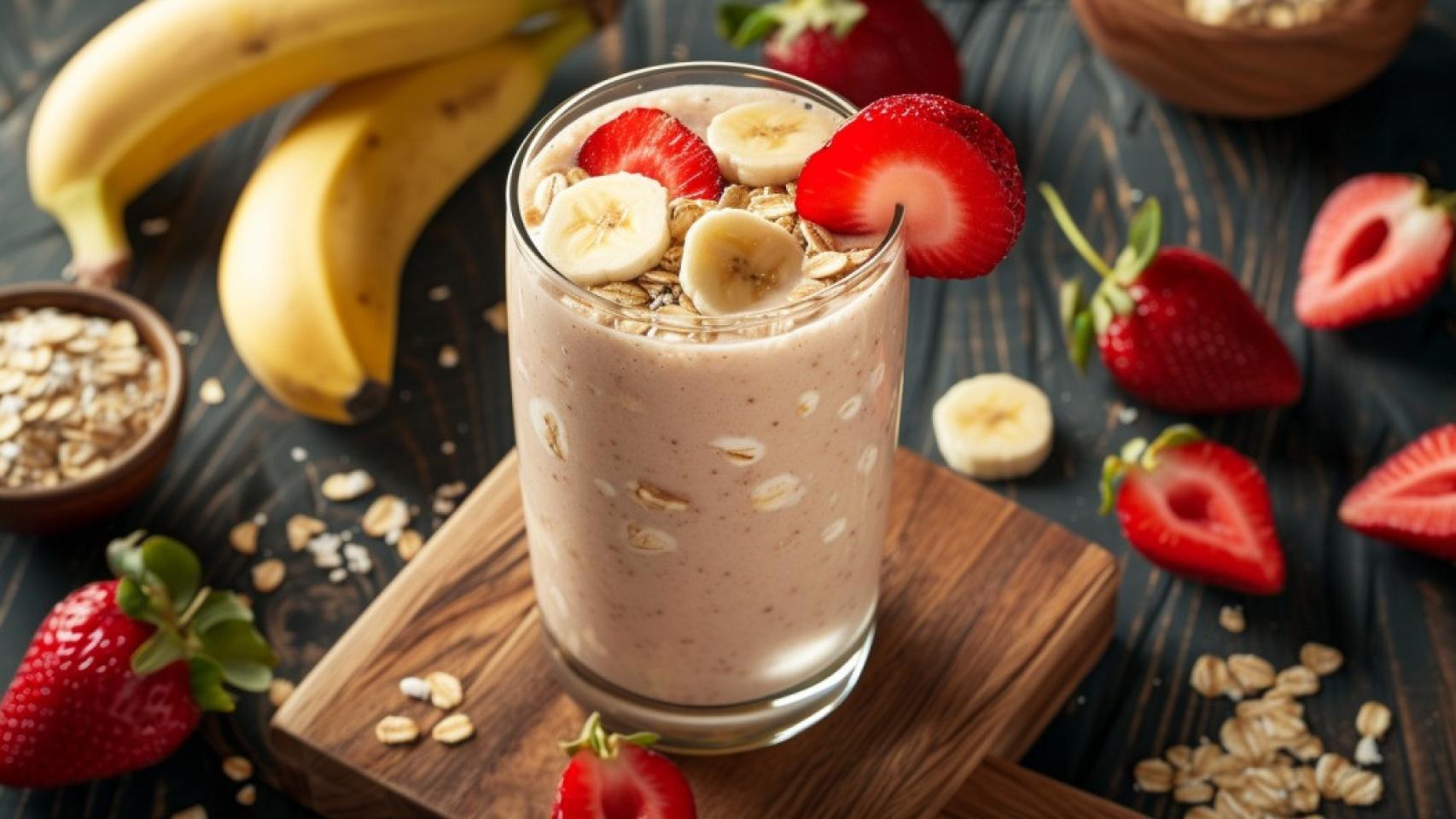 Batido de avena con chocolate, fresas y platano