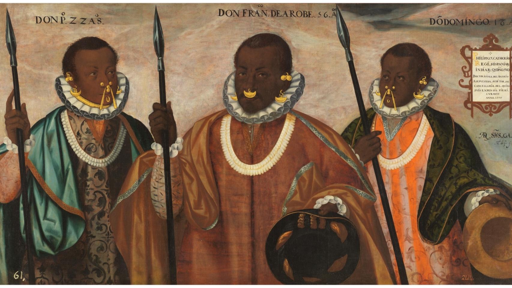 Andrés Sánchez Galque: 'Los tres mulatos de Esmeraldas', 1599. Óleo del Museo del Prado en depósito en el Museo de América