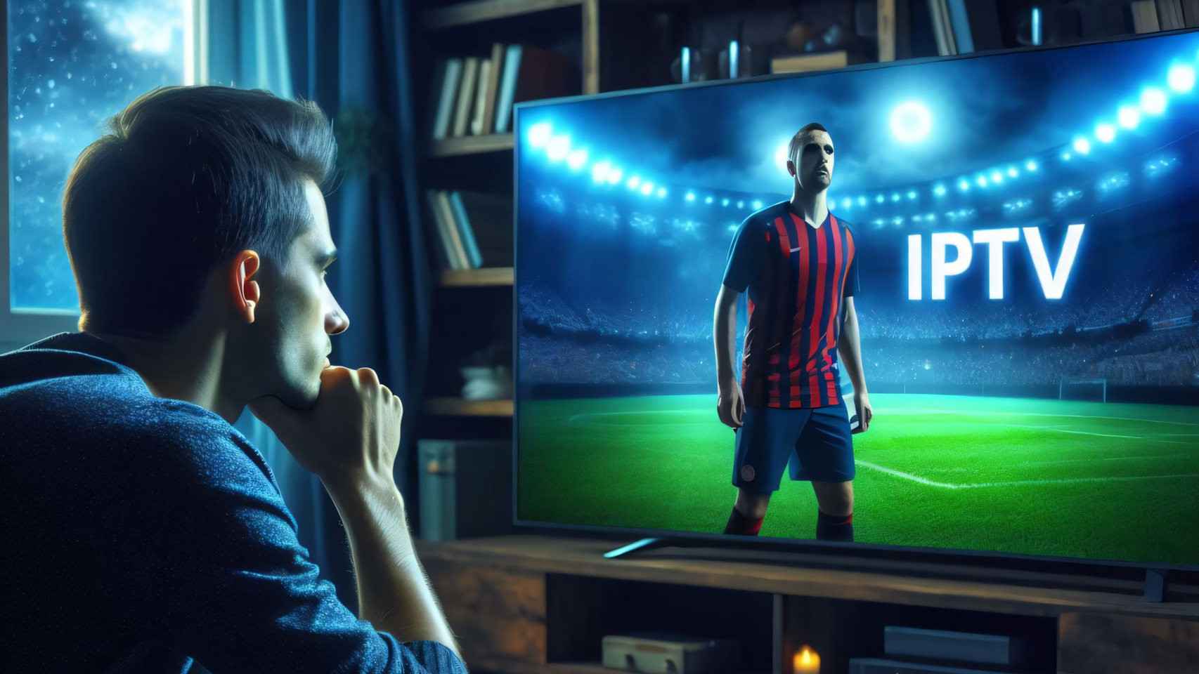Un hombre viendo un partido de fútbol a través de IPTV
