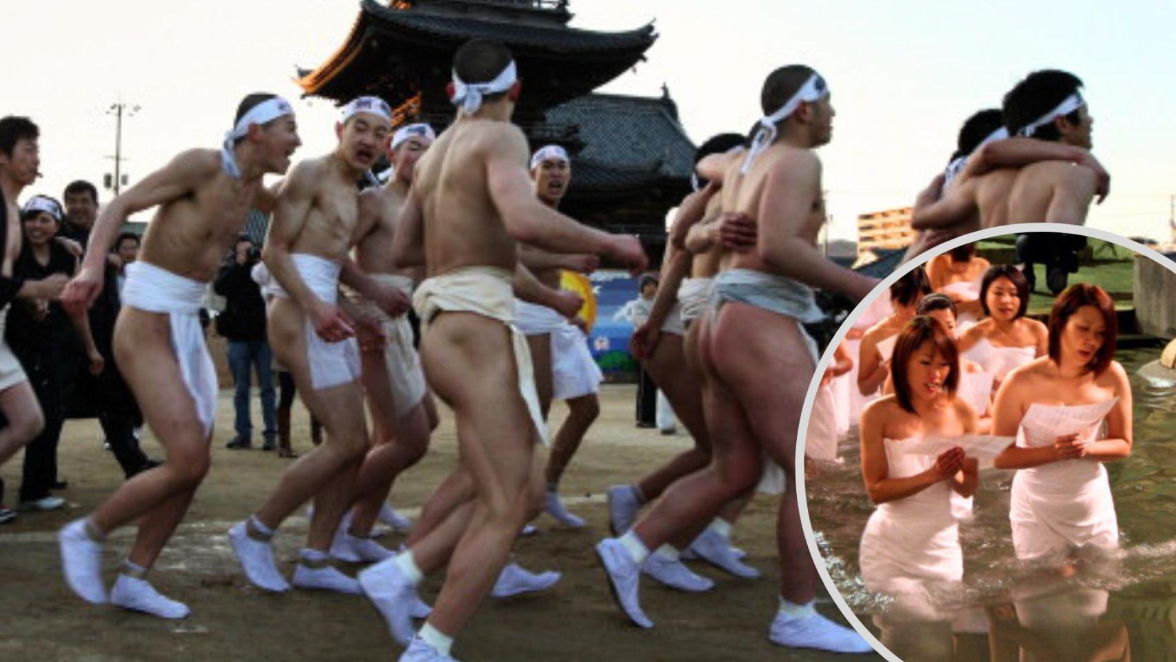 Hombres participando en el 'hadaka matsuri'.