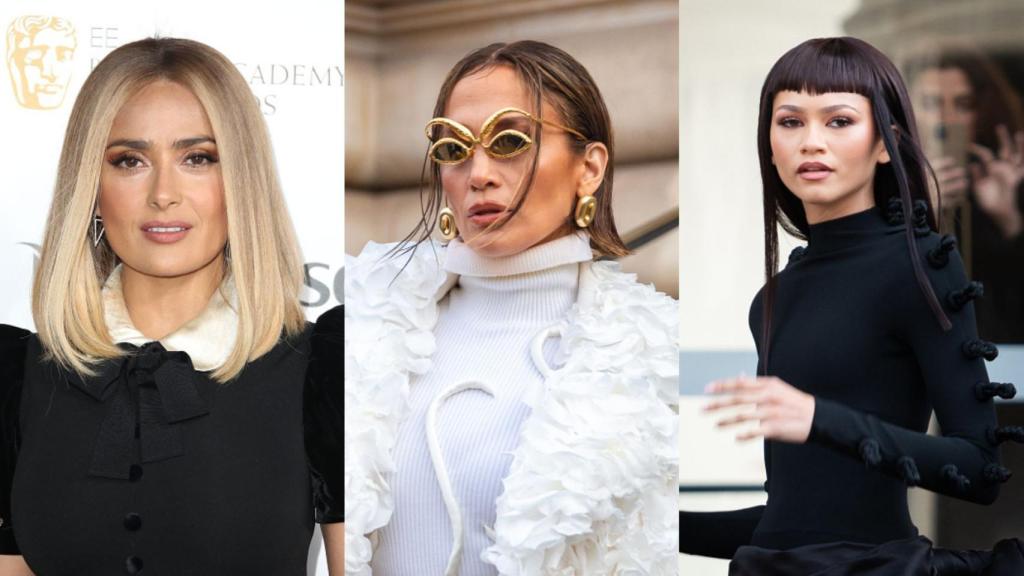 Salma Hayek, JLO y Zendaya llevando pelucas en las alfombras rojas.