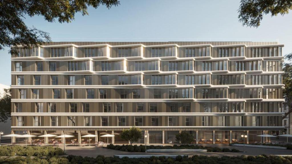 Figuración del nuevo hotel de V5 Housing e Intelier en la playa de la Malvarrosa de Valencia. EE