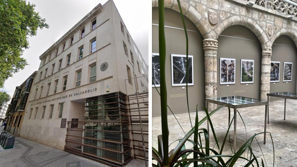 A la izquierda el Edificio Rector Tejerina, donde se ubicaba antiguamente la Casa de las Conchas, cuyos arcos del patio, a la derecha, se conservan en este mismo inmueble