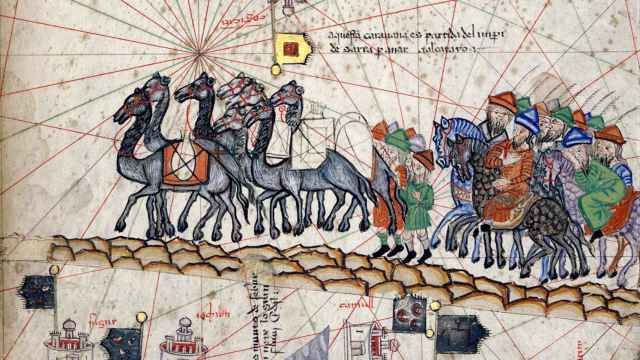 Caravana en la ruta de la seda. Atlas catalán.  Siglo XIV